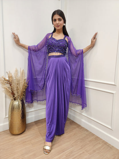 Dilbara purple 3pc indowestern cowl dress