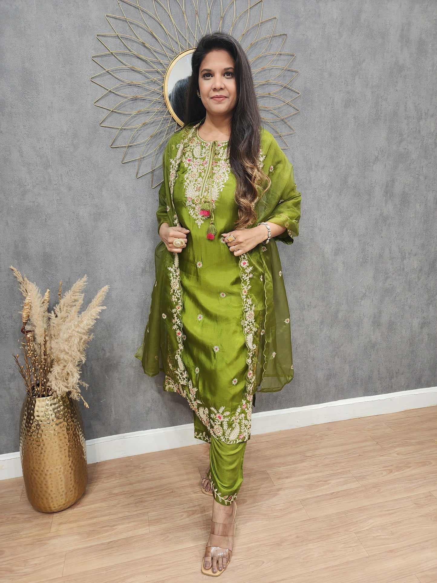 Mehendi green Embroided straight cut suit