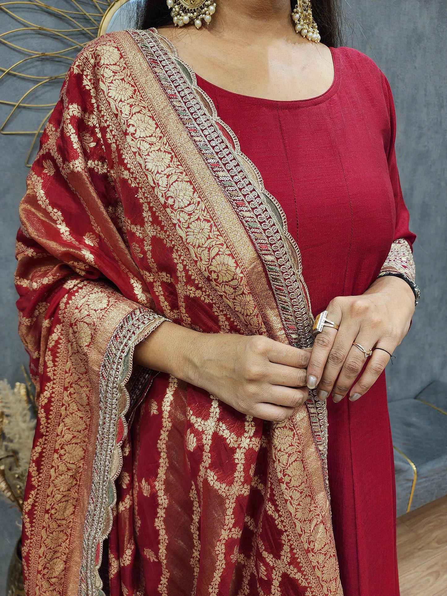 Dark maroon anarkali border suit with weaving dupatta