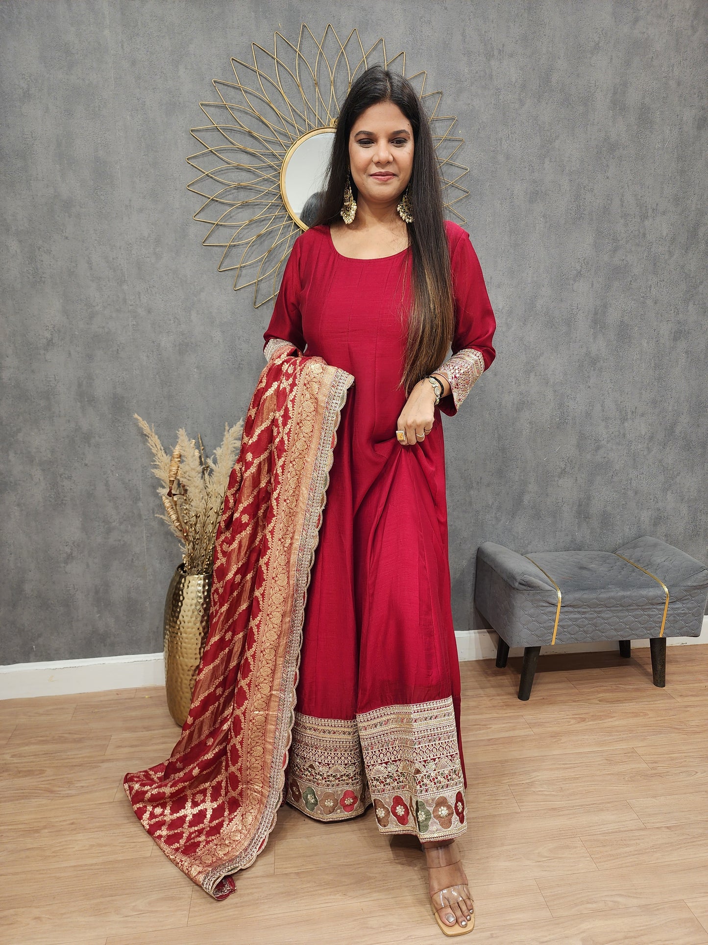 Dark maroon anarkali border suit with weaving dupatta