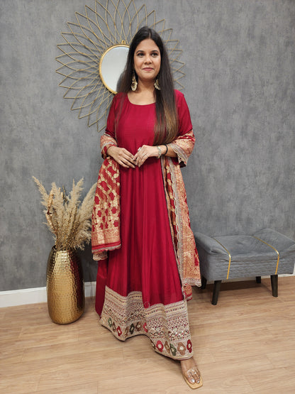 Dark maroon anarkali border suit with weaving dupatta