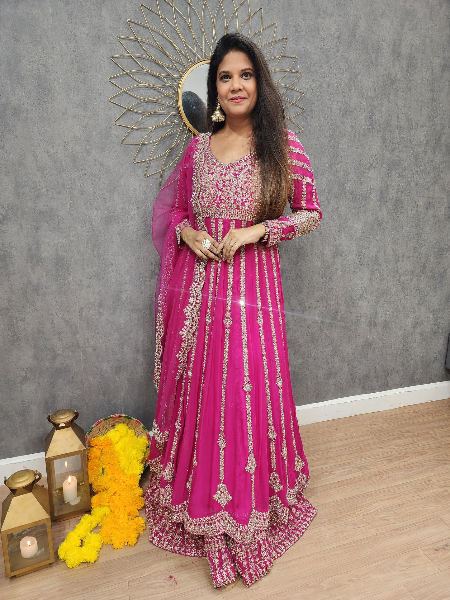 Mannat pink long anarkali with skirt indowestern suit