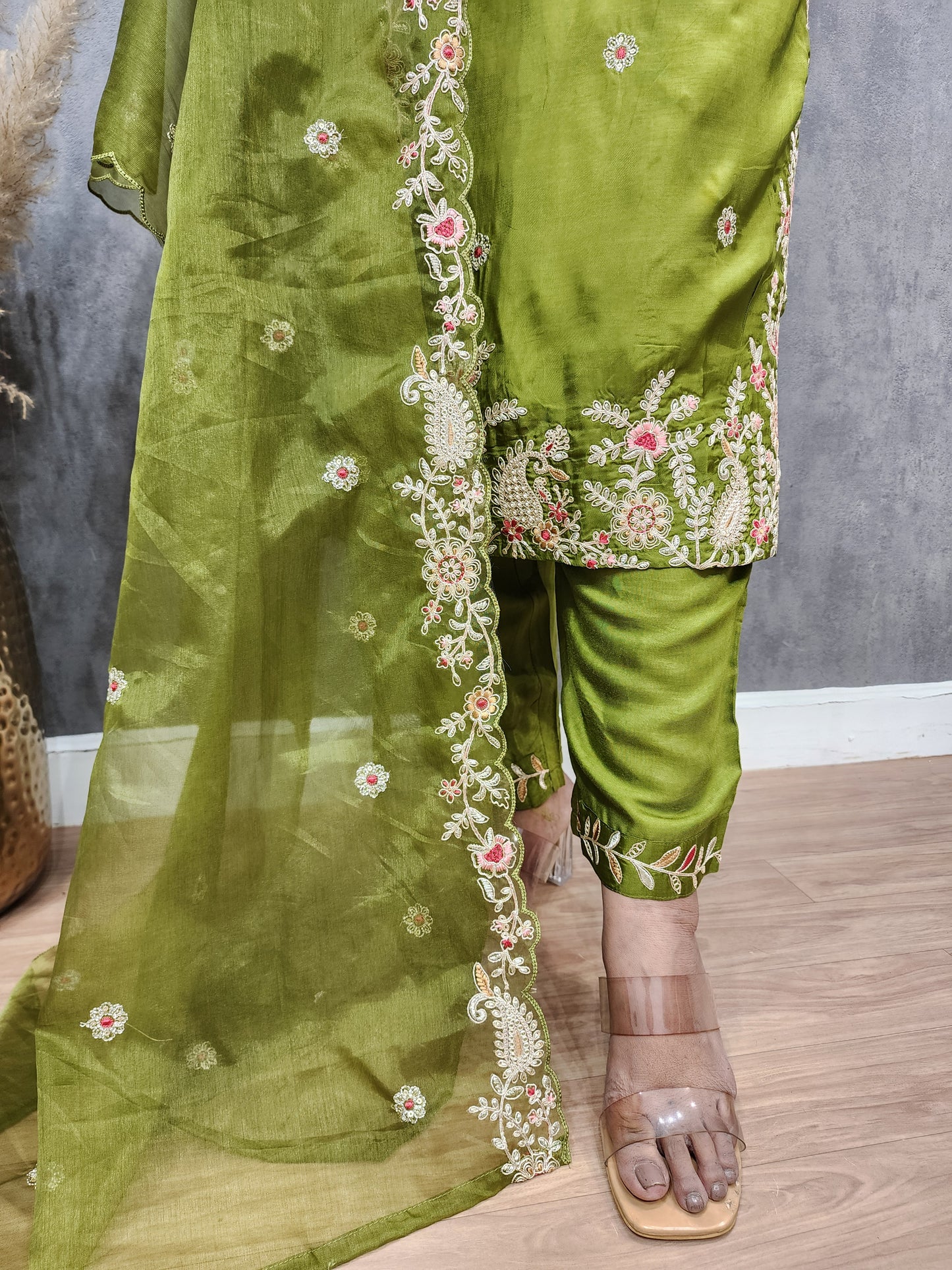 Mehendi green Embroided straight cut suit