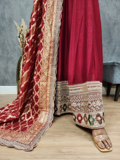 Dark maroon anarkali border suit with weaving dupatta