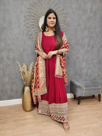 Dark maroon anarkali border suit with weaving dupatta